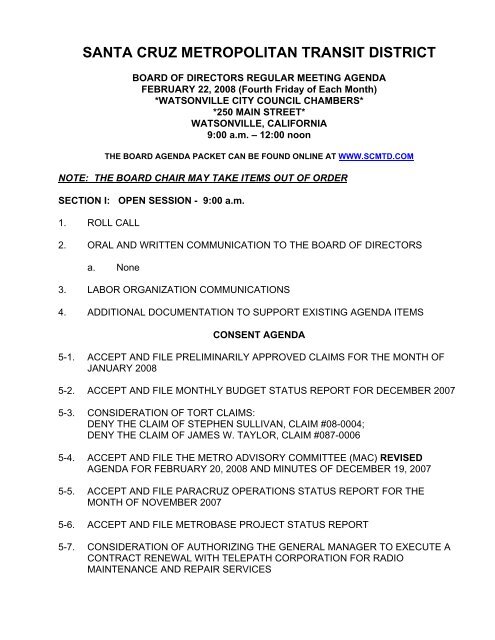 SCMTD Board of Directors Agenda of February 8, 2008 - Santa Cruz ...