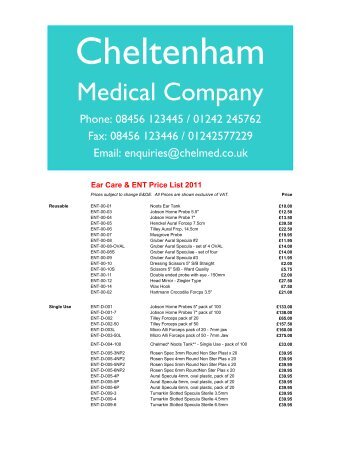 CMC EARCARE Price list 2011 - Cheltenham Medical Company