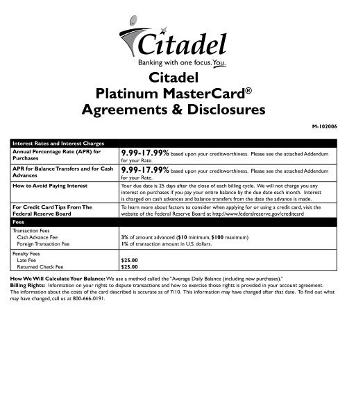 Citadel Platinum MasterCard® Agreements & Disclosures - to view ...