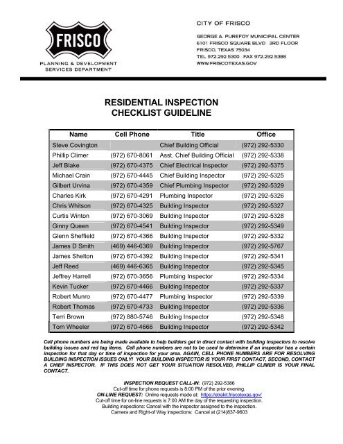 RESIDENTIAL INSPECTION CHECKLIST GUIDELINE - City of Frisco