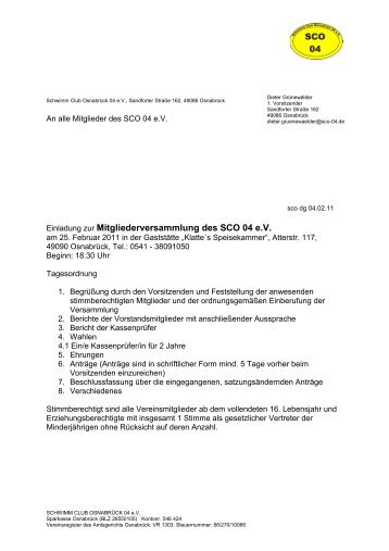 Einladung zur Mitgliederversammlung des SCO 04 e.V.