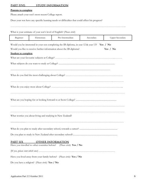 application for enrolment - international student - Scots College