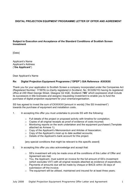 digital projection equipment programme letter of offer - Scottish Screen