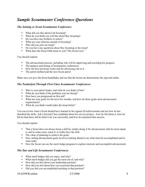 Sample Scoutmaster Conference Questions Boy Scouts Of America
