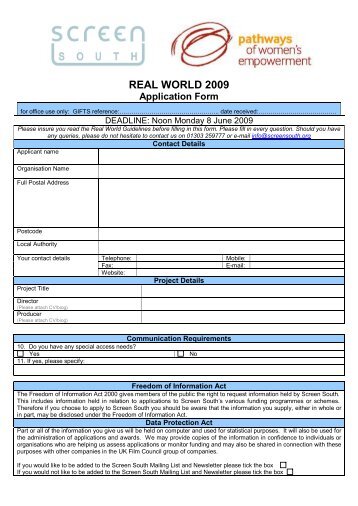 REAL WORLD 2009 Application Form - Screen South