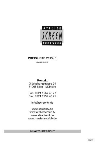 Preisliste - Atelier Screen TV Filmgeräteverleih in Köln - Home