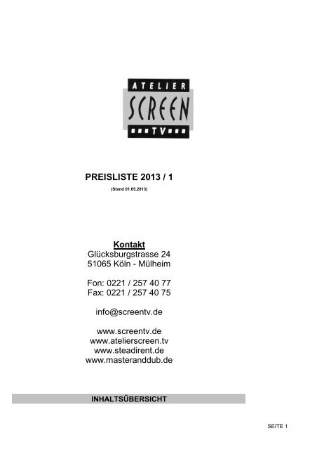 Preisliste - Atelier Screen TV Filmgeräteverleih in Köln - Home