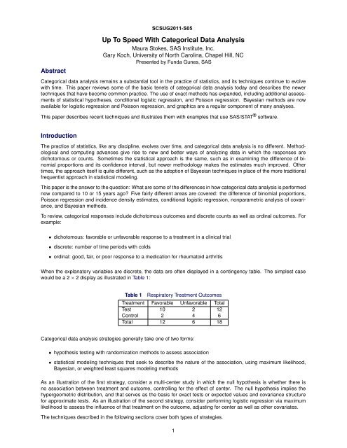Up To Speed With Categorical Data Analysis South Central Sas
