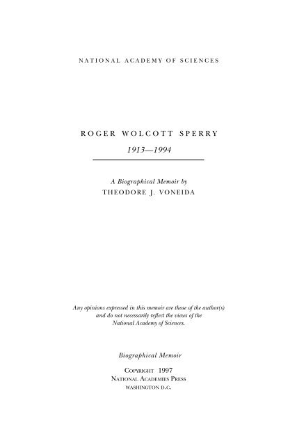 ROGER WOLCOTT SPERRY - The National Academies Press