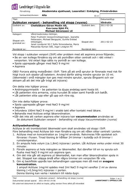 Subkutan venport - behandling vid stopp (vuxna) - Landstinget i ...