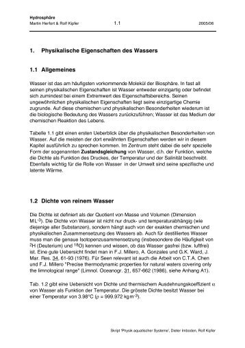 1. Physikalische Eigenschaften des Wassers 1.1 Allgemeines 1.2 ...