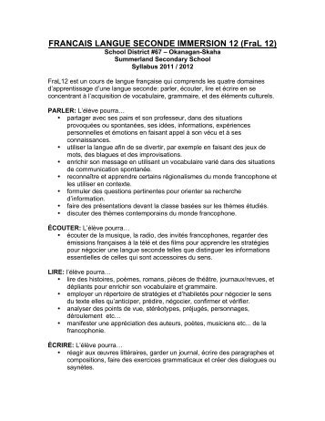 Syllabus FraL 12 STUDENT VERSION 2011 ... - School District 67