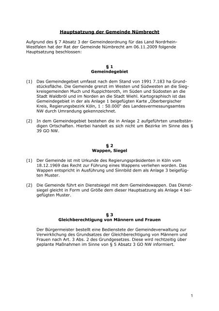 Hauptsatzung der Gemeinde NÃ¼mbrecht