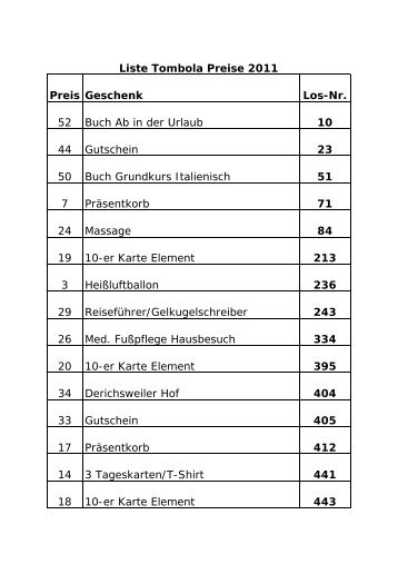 Liste Tombola Preise 2011 Preis Geschenk Los-Nr. 52 Buch Ab in ...