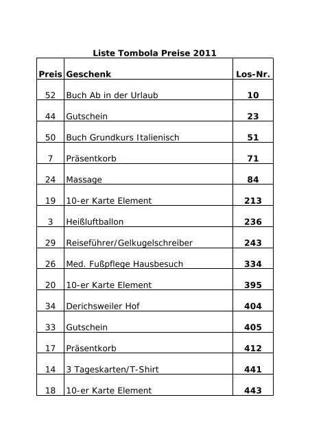 Liste Tombola Preise 2011 Preis Geschenk Los-Nr. 52 Buch Ab in ...