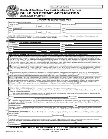 Building Permit Application - Form PDS 291 - County of San Diego ...