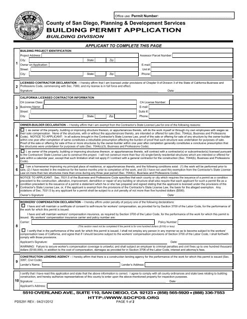 Building Permit Application - Form PDS 291 - County of San Diego ...