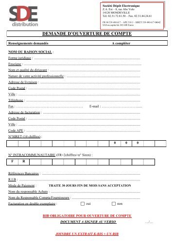 DEMANDE D'OUVERTURE DE COMPTE - SDE Distribution SDE ...