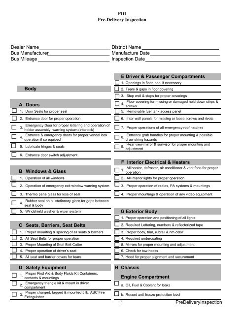 Pdi Inspection Form Pre Delivery Maintenance Inspection Checklist 