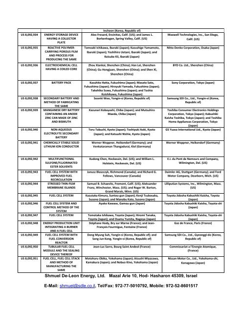 US Battery & Fuel cells Patents - Shmuel De-Leon Energy