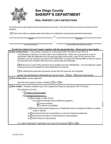 real property levy instructions, san diego county sheriff's department