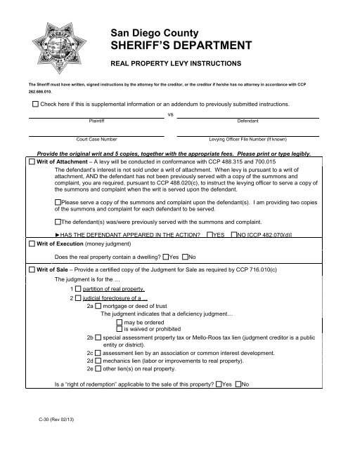 real property levy instructions, san diego county sheriff's department