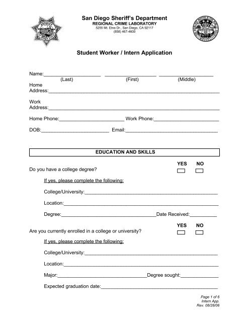 Student Worker / Intern Application - San Diego County Sheriff's ...