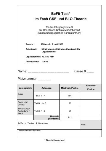 BeFit-Test* im Fach GSE und BLO-Theorie - AK SDW Schwaben