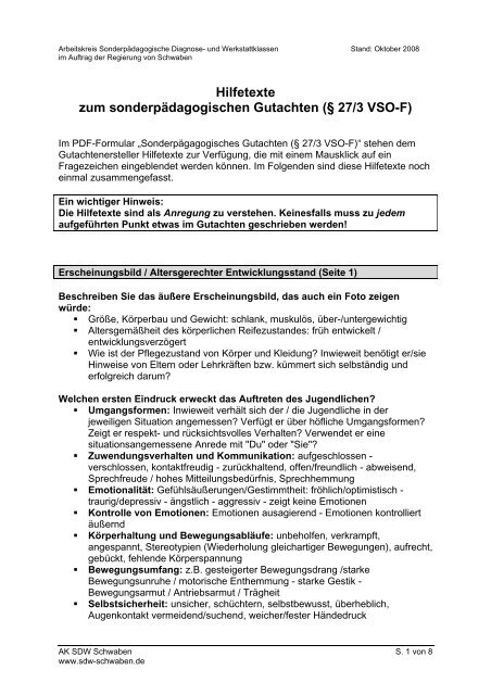 Hilfetexte zum SonderpÃ¤dagogischen Gutachen - AK SDW Schwaben