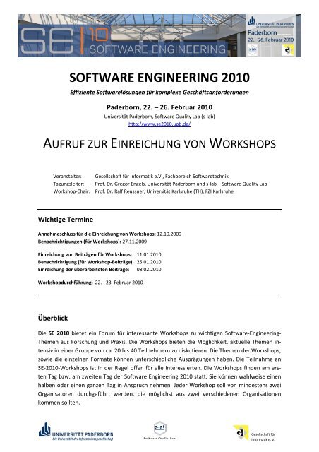 Call for Workshop Proposals - Software Engineering Konferenzen