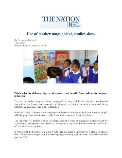 "Use of mother tongue vital, studies show", 15 November 2010, The ...