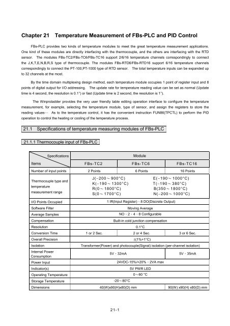 Chapter 21 Temperature Measurement of FBs-PLC and PID Control