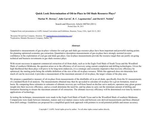 Quick Look Determination of Oil-in-Place in Oil Shale Resource ...