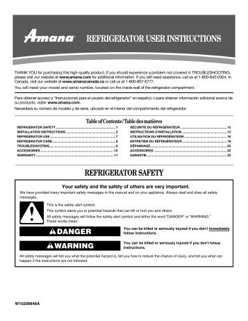 REFRIGERATOR USER INSTRUCTIONS - Amana