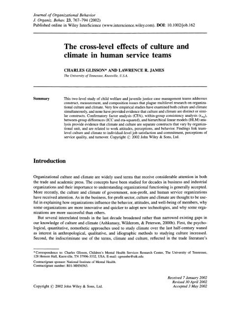 The Cross-Level Effects of Culture and Climate in Human Service ...