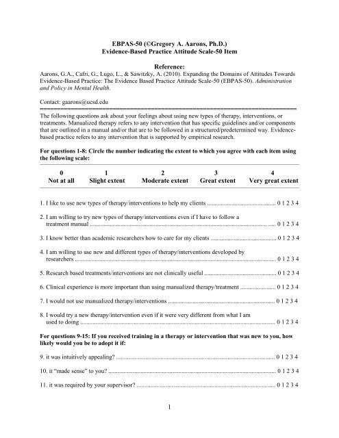 Evidence-Based Practice Attitude Scale-50 Item Reference: 0 1 2 3 4