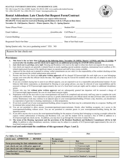 Late Check-Out Request Form/Contract - Seattle University