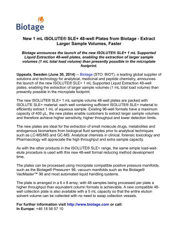 New 1 mL ISOLUTE® SLE+ 48-well Plates from Biotage - Extract Larger Sample Volumes, Faster