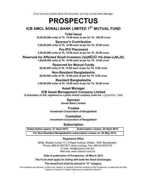 ICB-AMCL Sonali Bank Limited First Mutual Fund---- Prospectus