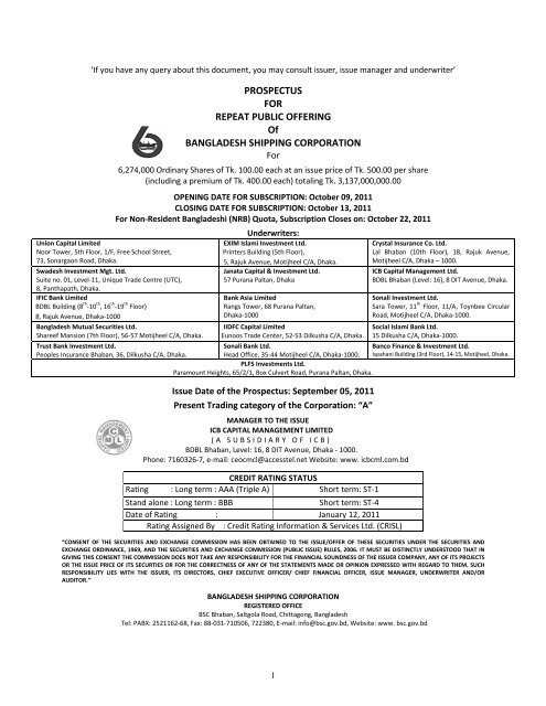 Bangladesh Shipping Corporation Prospectus Bangladesh Shipping Corporation Prospectus