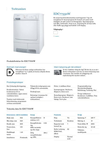 Electrolux  Produkter  TvÃ¤tt  Torktumlare  EDC77550W - Tretti.se