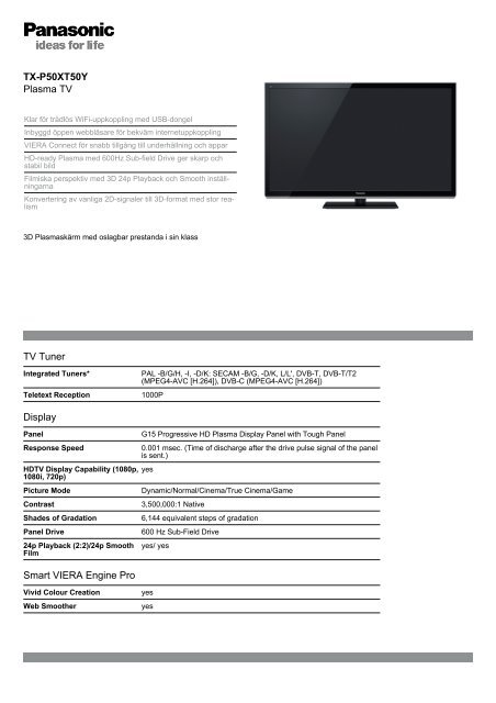 TX-P50XT50Y Plasma TV TV Tuner Display Smart VIERA ... - Tretti.se