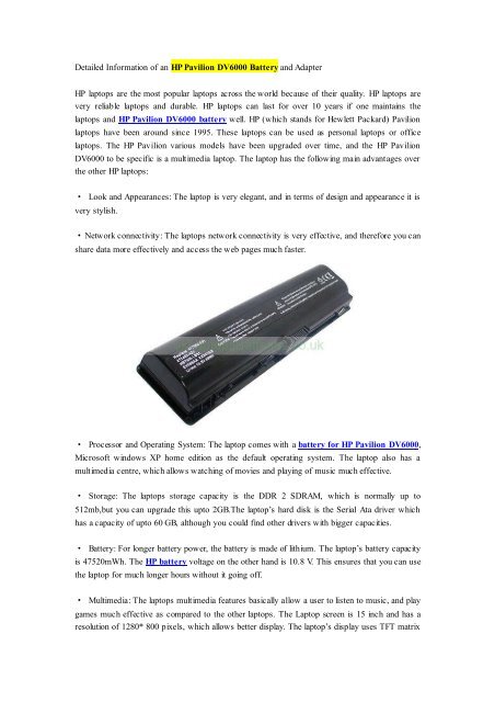 Detailed Information Of An Hp Pavilion Dv6000 Battery And Adapter Pdf