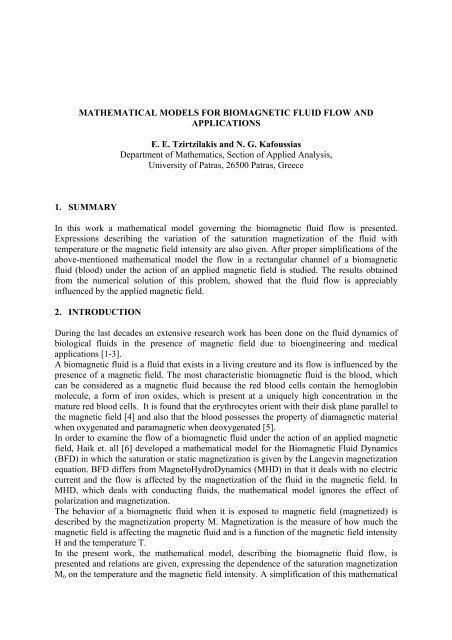 mathematical models for biomagnetic fluid flow and applications