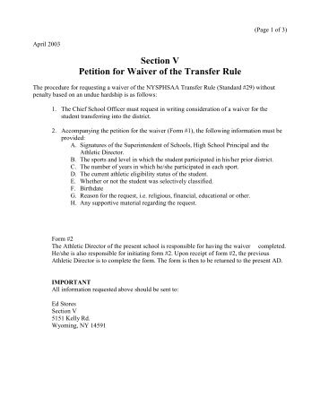 Transfer Rule Waiver Request Forms - Section V Athletics