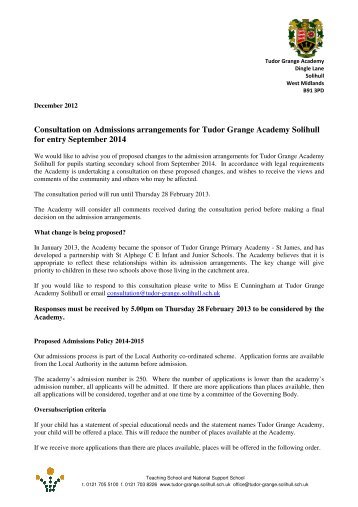 Consultation on Admissions arrangements for Tudor Grange ...