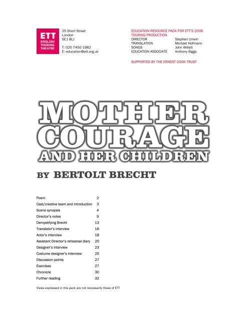 Mother Courage Resource Pack - English Touring Theatre