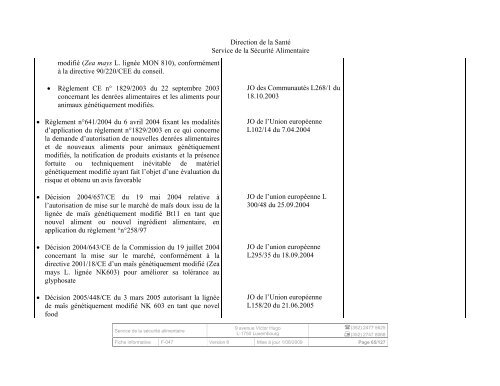 RECUEIL DE LEGISLATION ALIMENTAIRE - Sécurité alimentaire