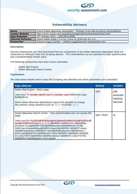 Oracle Siebel eBusiness Application - Security Assessment