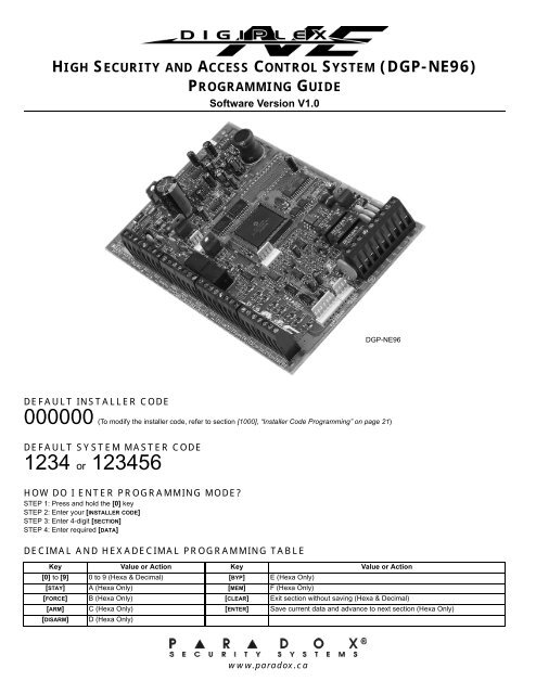 DGP-NE96 : Programming Guide - Paradox